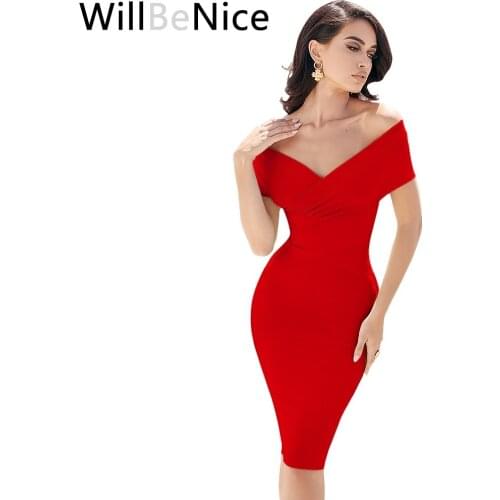 Willbenice Women Sexy Bandage Dress v Neck Red White Maxi Off Shoulder Lady Green Celebrity Party Club Bodycon Dresses Vestidos