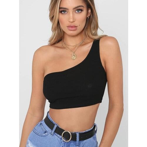 Women Sexy Cool Single One Shoulder Tank Tops Vest Bare Midriff Sleeveless T-Shirt Summer Beach Crop Top