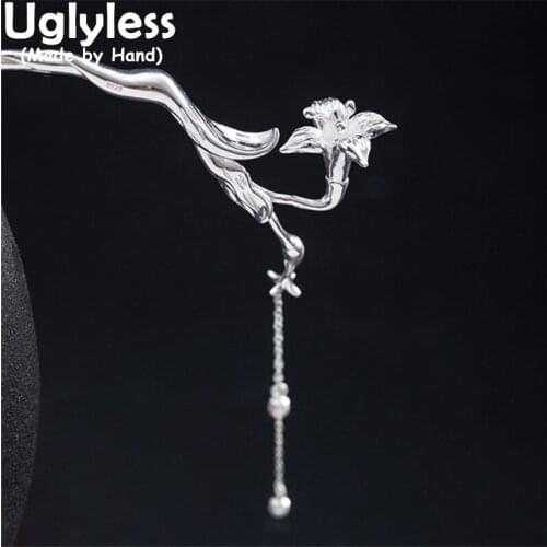 Uglyless Exotic Long Tassels Hair Jewelry for Women Blooming Flowers 925 Silver Hair Sticks China Chic Han Chinese Clothes Dress