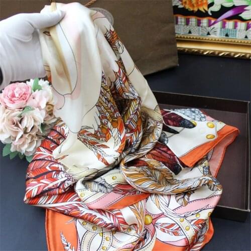 POBING 100% Real Silk Scarf Women Swan Feather Print Square Scarves Wraps Manual Hand Rolled Silk Foulards Femme Bandana 110CM