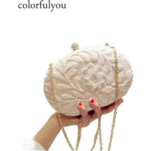 Lady Embroidery Floral Evening Clutch Bag Women Wedding Party Handbags Nylon Round Shape chain shoulder bag Purse 2019 Hot