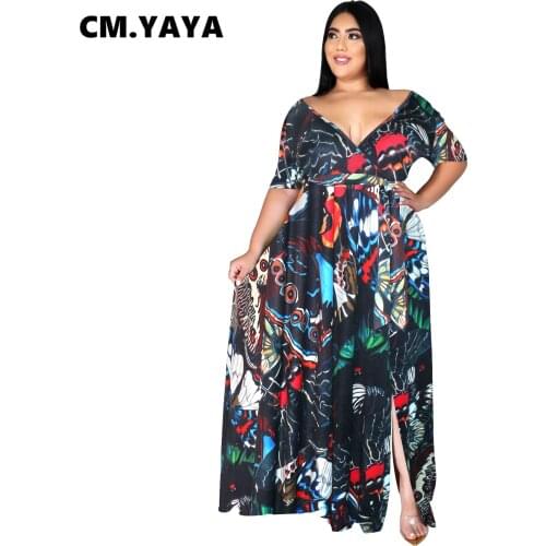 CM.YAYA Women Plus Size Dress Print Short Sleeve V-neck Loose Split Bohemian Maxi Long Dresses Bandage Sashes Sexy Outfit Summer