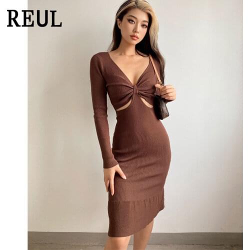 REUL Za Women 2021 Fall Fashion Knit Solid Slim Midi Dress Vintage High V Neck Elasticity Party Female Dresses Vestidos Mujer
