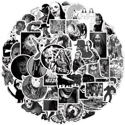 10/50PCS Black and White Mix Horror Movie Characters Cartoon Stickers Bike Skateboard Guitar Laptop Luggage Cool Sticker Toy