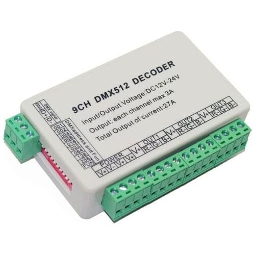 10 pieces free shipping 9 channel DMX512 RGB controller 3groups RGB 9CH DMX512 decoder DC5-24V input each channel max 3A