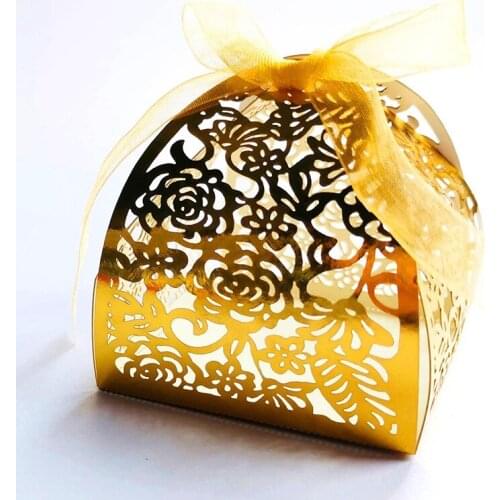 10pcs Laser Cut Rose Flower Candy Boxes Bag Guest Favors Gift Boxes Package Baptism with Ribbon Birthday Wedding Party Supplies