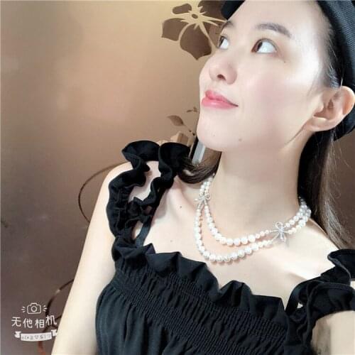 Hand knotted 2strands 5-6-7-8-9mm white freshwater pearl micro inlay zircon accessories sweater necklace long 45-48cm