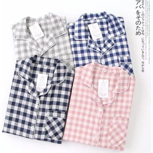 2020 Spring Cotton Double Layer Gauze Plaid Pajamas Set Long Sleeve Long Pants Pyjamas Women Home Clothes 2 Piece Sleepwear