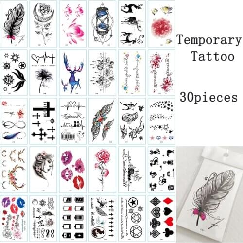 30pcs Temporary Tatoo Sticker Cartoons Deer Feather Waterproof Fake Tattoo Flowers Cat Lip Design Body Art Tattoos Man Woman