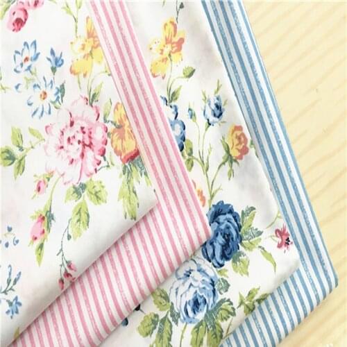 50x40cm Graceful Pink Blue Spring Flowers & Stripe Floral Fabric Cotton Fabric Bundle DIY sewing Floral fabric