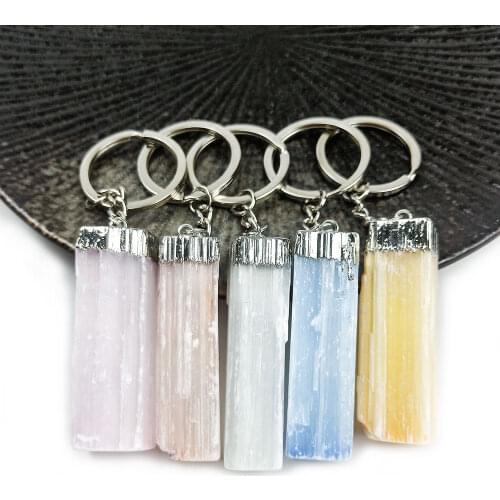 Natural Crystal Stone Key Chains Rock Mineral Pendulm Dangle Key Rings Clasp Yellow White Pink Gypsum Selenite Quartz Keychains