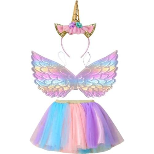 Childrens theme party Unicorn wings girls color matching half-length skirt suit Halloween kids baby girls clothes 0-8 years