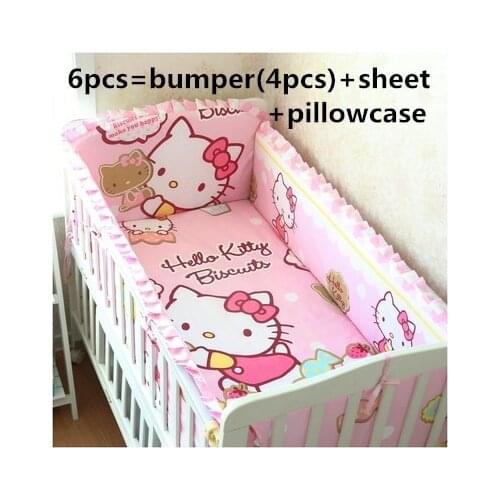 Discount 6pcs Cartoon Good Quality Baby Bedding Set for Girls Cot Bumpers Bed Protector Infant (4bumpers+sheet+pillow cover)