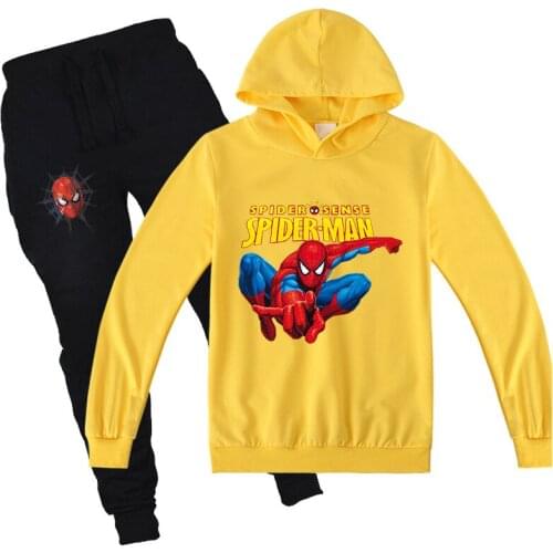 Disney Spiderman Boys Girls Kids Hooded Set Print Sweatshirt Pants Sport Suit Children Cartoon Clothing Set