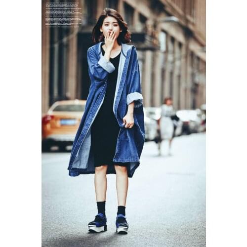 Denim Jacket Casual Windbreaker Denim Long Coat Womens Autumn Loose Cardigan Knee Coat Hooded Denim Windbreaker