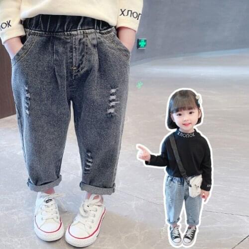 Girls' jeans new spring autumn foreign style childrens clothing baby girl smoky gray trousers child baby autumn ripped pants