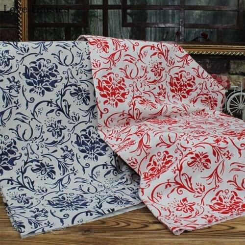 Cotton/Linen RED BLUE Blue and White Porcelain Ethnic Flower Fabric for Decor Handwork Bag Tablecloth Dress Craft Cushion Tissue