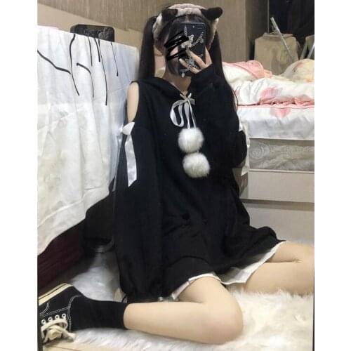 Japanese Harajuku Women Streetwear Cute Hoodies Hooded Black White Off Shoulder Oversize Pullover Korean Ulzzang Gothic Tops