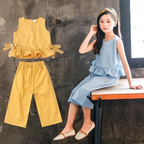 2021 Summer Girls Casual Clothing Sets Children Sleeveless Tops+Wide-leg Pants Outfits 2Pcs Kids Outfits 8 10 12 14 Year