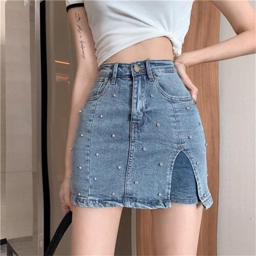 Korean version Heavy Industry Drill Split Slim Bag Hip Skirt High Waist Beading Denim Skirts Trend