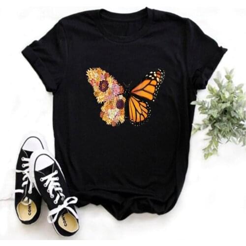 LINNA Butterfly Flower Printed T-shirt Ladies Summer Clothes Top Vogue O Neck Printed T-shirt