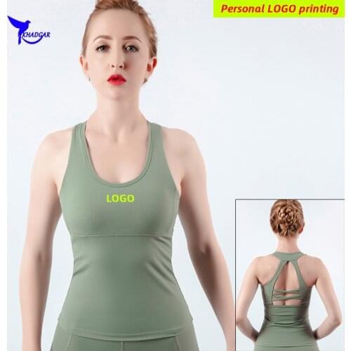 Custom LOGO Quick Dry Solid Yoga Tank Top Women U Neck Running Vest Build In Bra Push Up Padded Gym Fitness Sleeveless Shirts