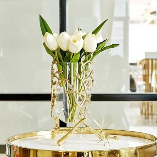 COPPER SIMPLE HOME ACCESSORIES METAL GLASS VASE COUNTERTOP VASE DECORATION AMERICAN LIGHT LUXURY LIVING ROOM DECORATIONS
