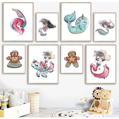 Girl Narwhal Mermaid Turtle Star Heart Wall Art Canvas Painting Nordic Posters And Prints Wall Pictures Kids Room Nursery Decor