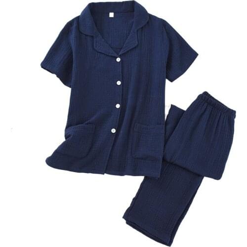 Couple New Crepe Pajamas Suit Thin Section Spring Summer Autumn Sleepwear Short Sleeve Trousers Cotton Solid Color Loungewear