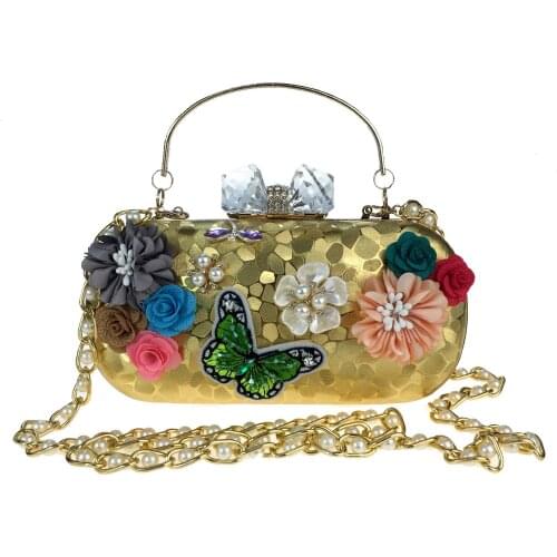 Women new three-dimensional satin flower dinner bag ladies embroidered beads butterfly pearl petal handbag leather clutch purse