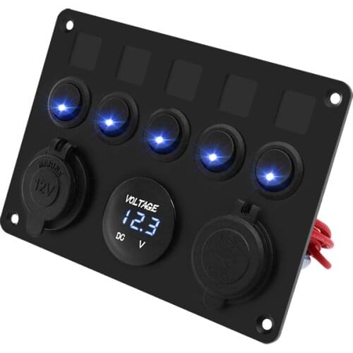 Car Boat 5 Gang Switch Panel For Yacht Caravan Truck Waterproof USB Voltmeter Power Socket Panel 12-24V