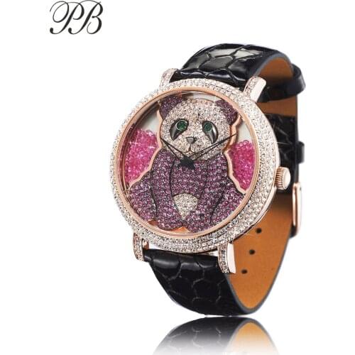 PB Cute Panda Watches for Women Fashion Purple Face Crystal Watch Women Leather Quartz relojes para mujer