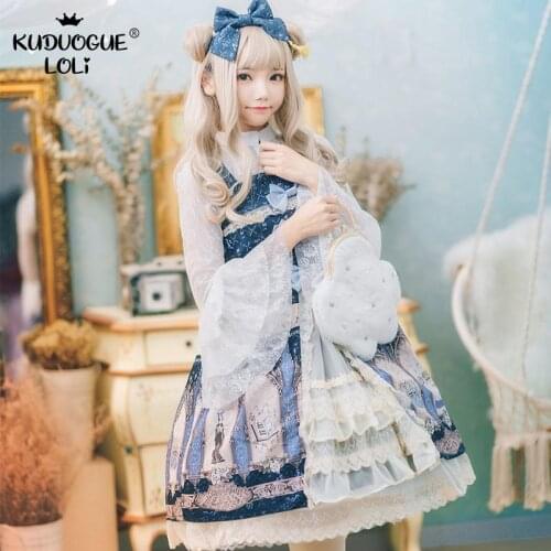 Japanese Lolita JSK Dress Girls Sling Midi Sweet Tender Multilayer Lace Multicolor High-Waist Mid-Waist Floral Printing Women