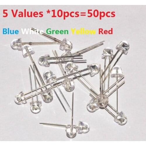 Straw hat F5 LED Kit 5 Values *10pcs=50pcs 5MM Blue White Green Yellow Red transparent cover Assorted kit set pack DIY