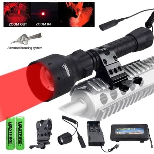 T50 500 Yards 55mm Lens Zoomable Focus Red Light LED Tactical Hunting Flashlight Torch Outdoor Lantern Remote Pressure Switch