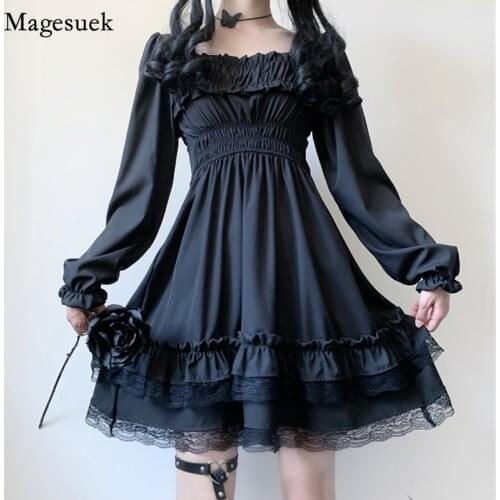 Spring Cute Lolita Style Womens Dress Long Sleeve Elegant Black Mini Dress Square Collar Lace Party Dresses Woman Vestido 12991