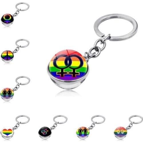 WG 1pc Gay Pride Time Gem Metal Cabochon Keychain Pendant Rainbow Color Glass Ball Key Ring Creative Gift