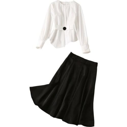 Ladies Office Wear Women Work Clothes Set Single Button White Blouse + A-Line Black Midi Skirt