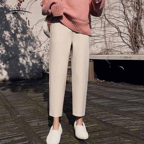 Women New High Waist Harem Pants Autumn Winter Casual Thick Woolen Pants Loose Wide Leg Pants Solid Elastic Waist Trouser 12113