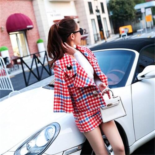Fashion Plaid suits Womens spring New Korean version of the fashion wool plaid suit + bag hip skirt two-piece suit Womens