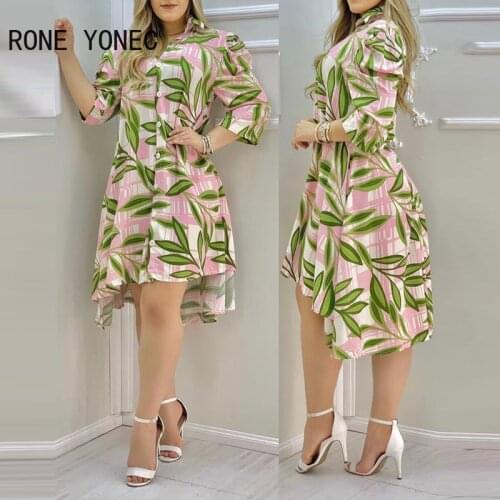 Women Elegant Dress Floral Print Button Design Shirt Dress Long Sleeve Dress Casual Dress