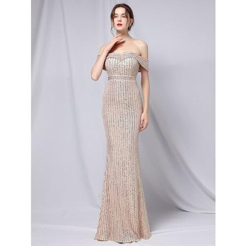 2021 New Elegant Off Shoulder Party Maxi Dress Boat Neck Gold Sequin Evening Dress Women Wedding Long Prom Dress