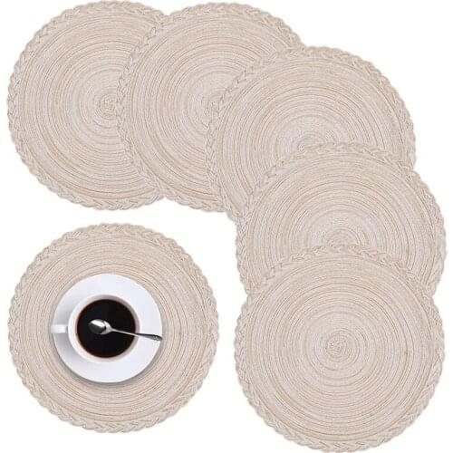 6Pcs Placemats for Dining Table, 14 Inch Braided Round Table Mats, Heat-Resistant Anti-Skid Cotton Place Mats