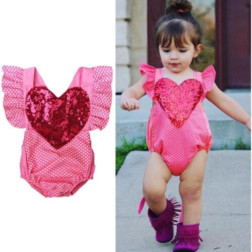 Pink Sequins Bodysuit for Baby Girls Summer Backless Ruffles Love Printed Romper Toddler Bebe Birthday Valentines Day Jumpsuit