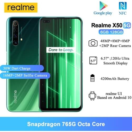 Global VersionRealme X50 5G NFC Mobile Phone 6GB 128GB 6.57'' Snapdragon 765G 48MP Quad Rear Cameras 30W Dart Charge Smartphone