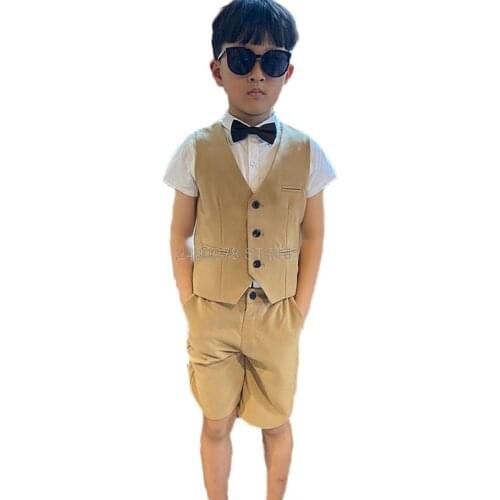 Flower Boys Summer Luxurious Suit Kids Vest + Shorts 2Pcs Clothing Set Party Dress Children Piano Performance Costume
