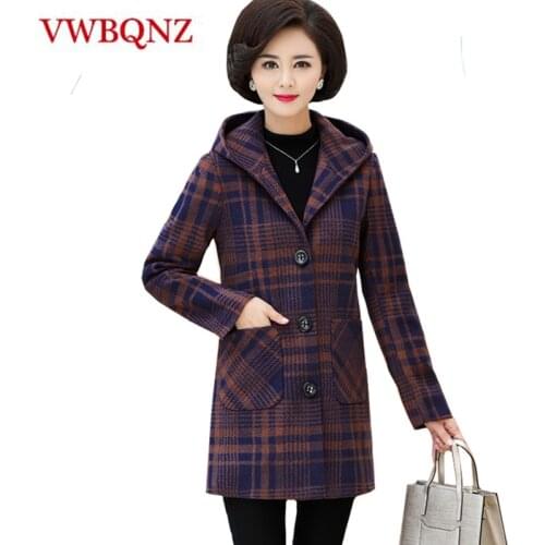 Autumn Winter Warm Women Plaid Wool Jacket Hooded Coat Middle-aged Mother Slim Long Coats Large size Casual Female Basic Jacket