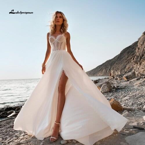 Lakshmigown Lace Bohemian Wedding Dresses Side Slit Chiffon A-Line Wedding gown Robe De Mariee Country gelinlik