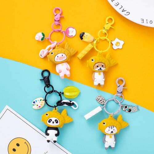CHUNOU Cartoon Cat Dog Panda Pig Fish Heads Doll Keychain Keyring Female Funny SnapperBag Car Key Holder Gift Sleutelhanger K584