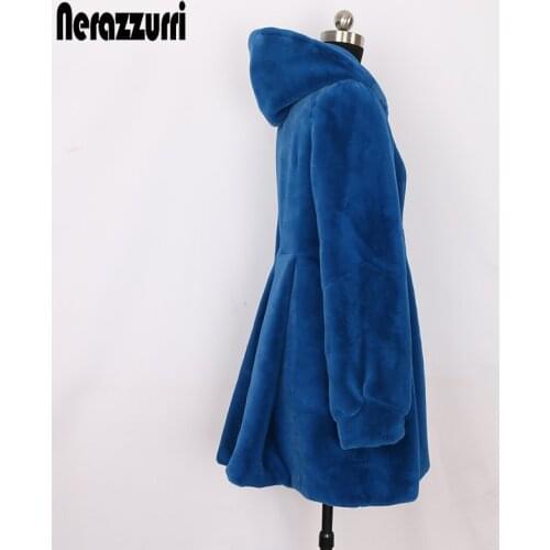 Nerazzurri Blue pleated thick warm fluffy faux fur coat women with hood long sleeve Winter vintage fit and flare faux fur jacket